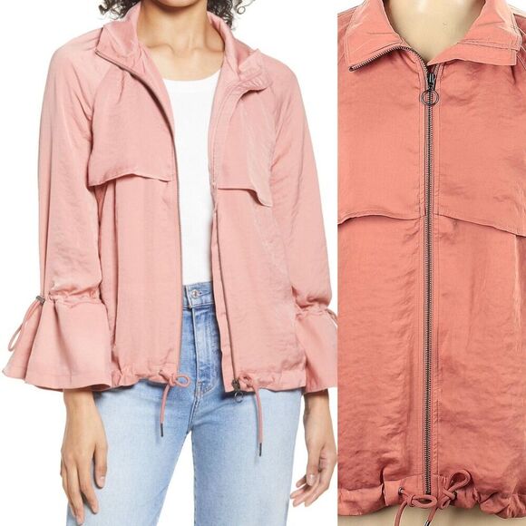 Halogen Satin Uility Jacket Pink Bomber Bell Sleeve Raglan Adjustable Zip Small - Picture 1 of 11